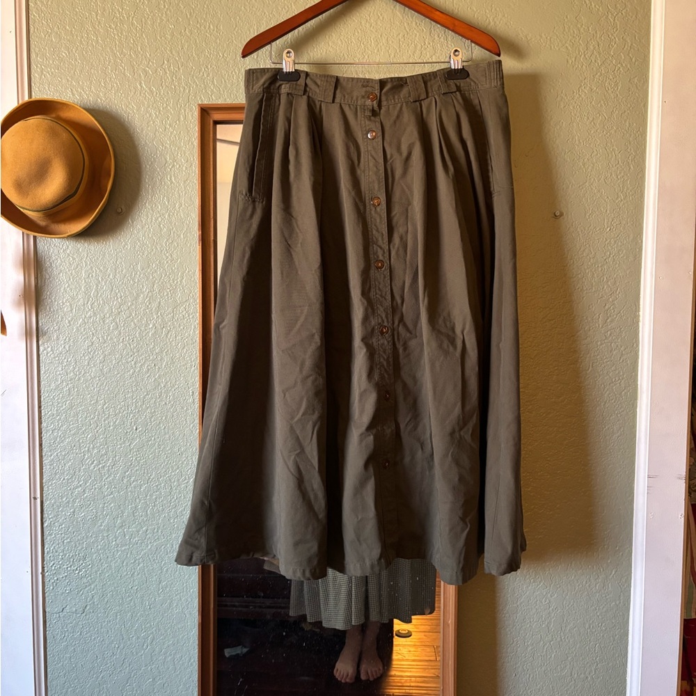 Olive Button-Down Midi Skirt